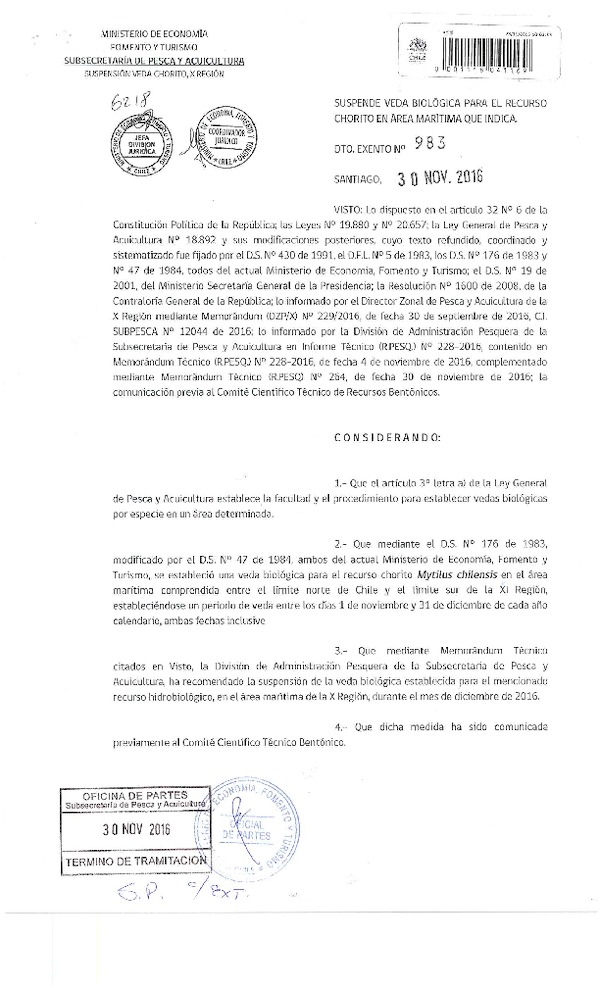 Dec. Ex. N° 983-2016 Suspende Veda Biológica para el Recurso Chorito, X Región. (Publicado en Página Web 05-12-2016)