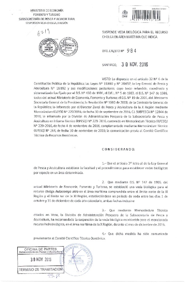 Dec. Ex. N° 984-2016 Suspende Veda Biológica para el Recurso Cholga, X Región. (Publicado en Página Web 05-12-2016)