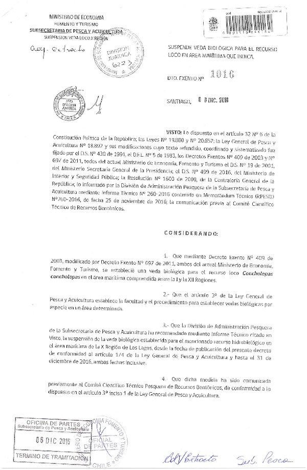 Dec. Ex. N° 1016-2016 Suspende Veda Biológica Recurso Loco, X Región. (Publicado en Página Web 07-12-2016)