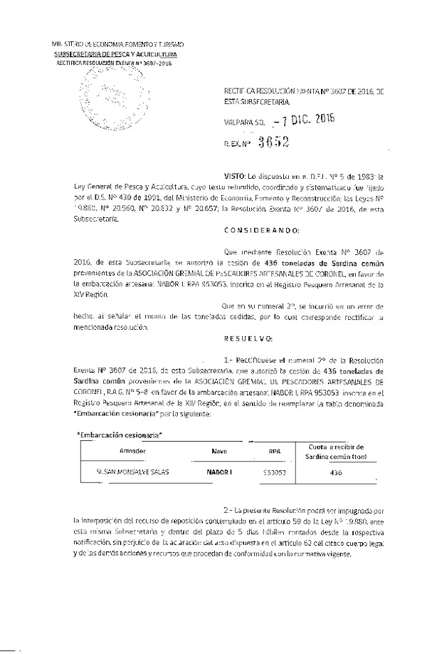 Res. Ex. N° 3652-2016 Rectifica Res. Ex. N° 3607-2016 Autoriza Cesión sardina común, VIII a XIV Región.