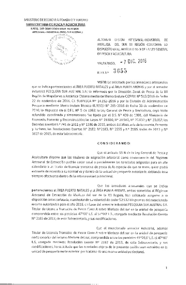 Res. Ex. N° 3655-2016 Autoriza cesión Merluza del sur XII Región.