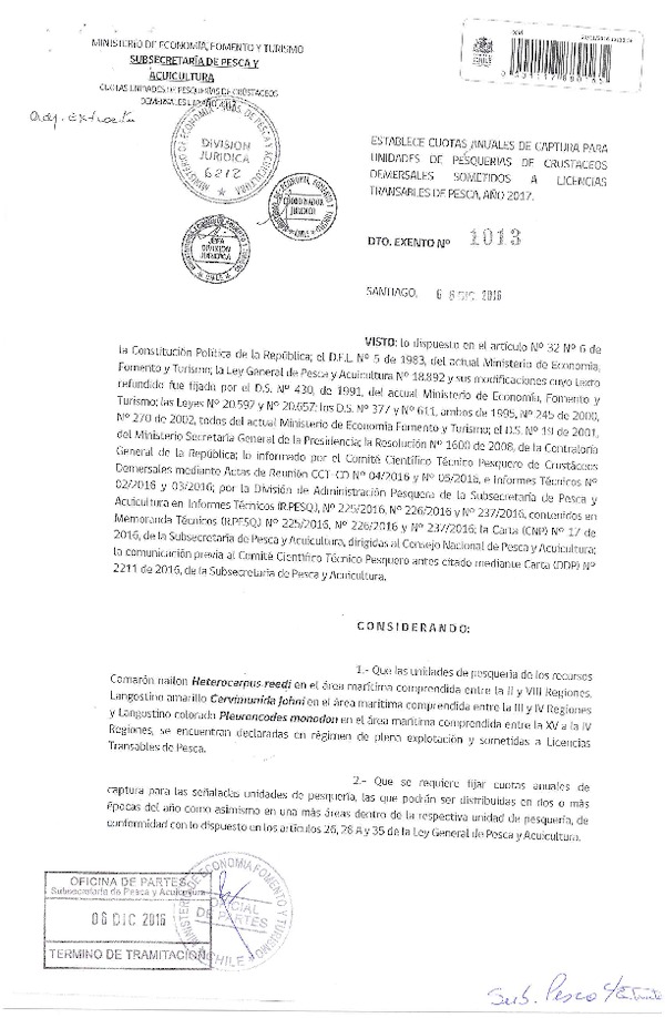 Dec. Ex. N° 1013-2016 Establece Cuotas Anuales de Captura Para Unidades de Pesquerías de Crustáceos Demersales Sometidos a Licencias Transables de Pesca, Año 2017. (Publicado en Página Web 09-12-2016)