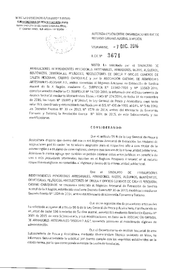 Res. Ex. N° 3671-2016 Autoriza cesión Sardina austral, X Región.
