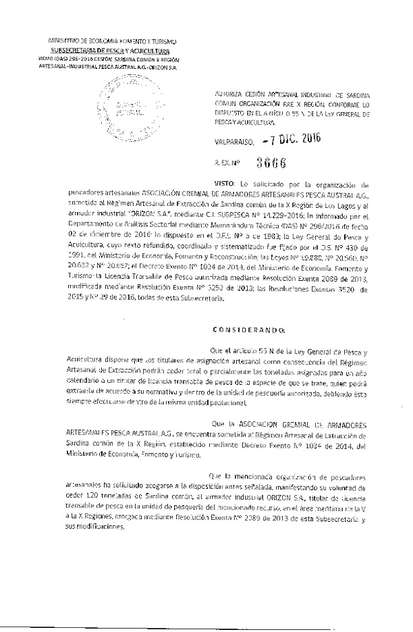 Res. Ex. N° 3666-2016 Autoriza Cesión Sardina común, X Región.