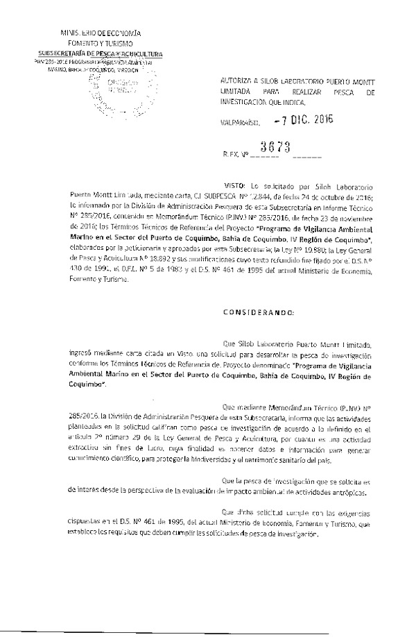 Res. Ex. N° 3673-2016 Programa de vigilancia ambiental marino, bahía de Coquimbo, IV Región.
