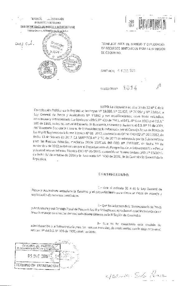 Dec. Ex. N° 1014-2016 Establece Área de Manejo y Explotación de Recursos Bentónicos Morro Grueso, IV Región.