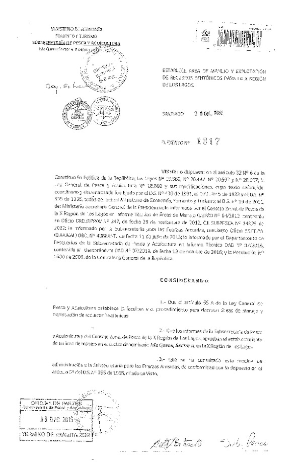 Dec. Ex. N° 1017-2016 Establece Áreas de Manejo y Explotación de Recursos Bentónicos Isla Quenu, Sector A, X Región.