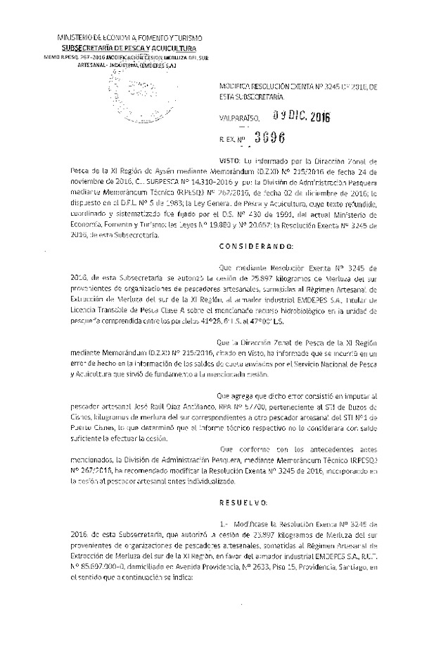 Res. Ex. N° 3696-2016 Modfica Res. Ex. N° 3245-2016 Autoriza cesión Merluza del Sur, XI Región.