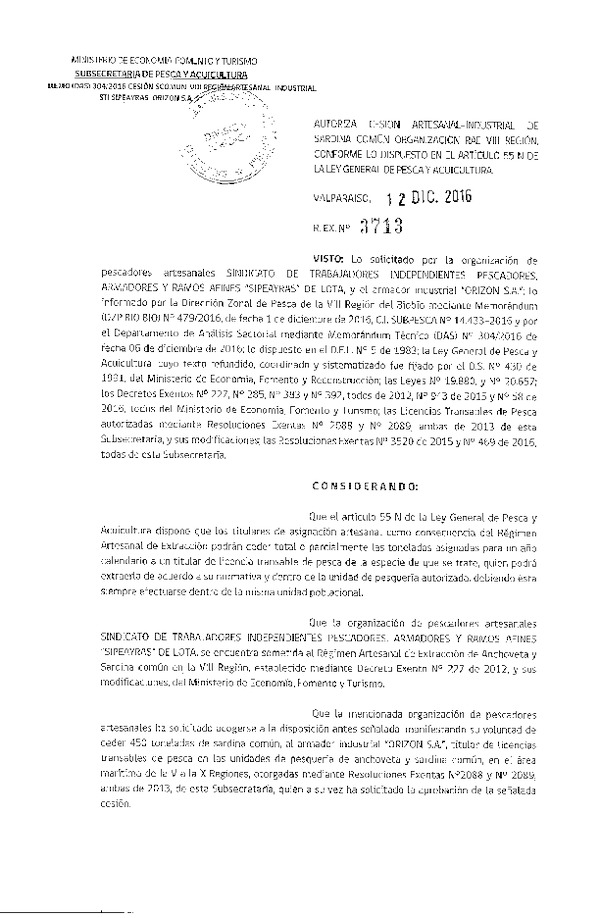 Res. Ex. N° 3713-2016 Autoriza Cesión Sardina común, VIII Región.