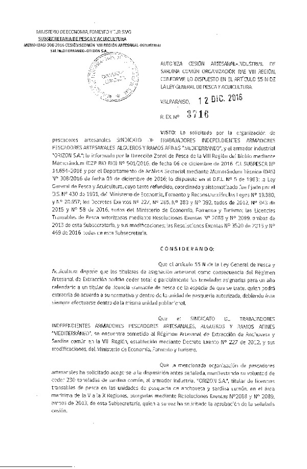 Res. Ex. N° 3716-2016 Autoriza Cesión Sardina común, VIII Región.