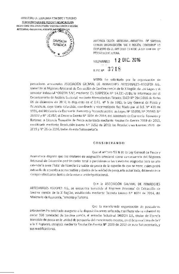 Res. Ex. N° 3718-2016 Cesión Sardina común X Región.