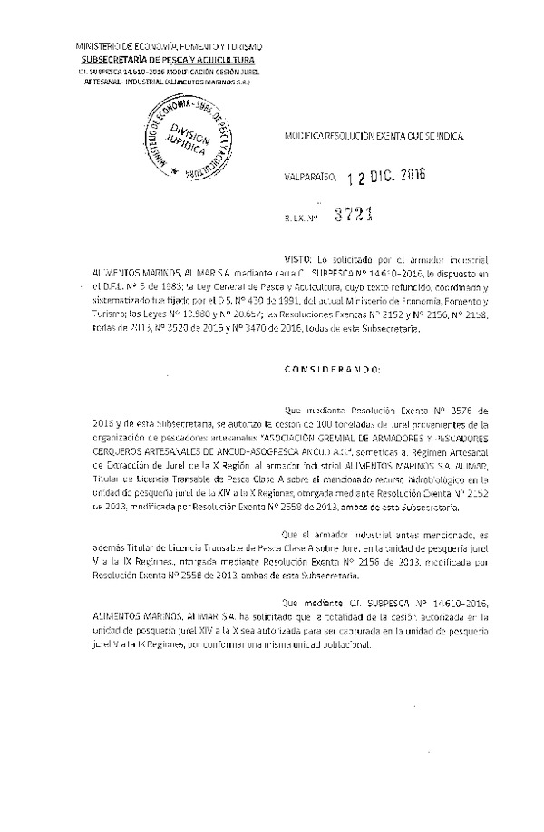 Res. Ex. N° 3721-2016 Modifica Res. Ex. N° 3576-2016 Autoriza Cesión Jurel, X Región.