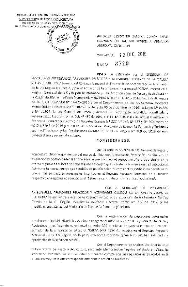 Res. Ex. N° 3719-2016 Autoriza Cesión sardina común, VIII a XIV Región.