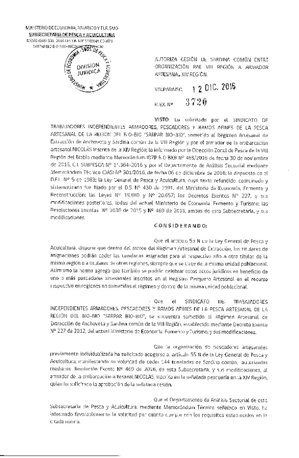 Res. Ex. N° 3720-2016 Autoriza Cesión sardina común, VIII a XIV Región.