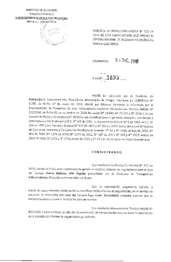 Res. Ex. N° 3695-2016 Modifica Res. Ex. N° 533-2016 7° SEGUIMIENTO.