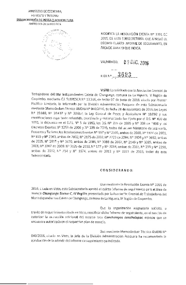 Res. Ex. N° 3693-2016 Modifica Res. Ex. N° 3391-2015 14° SEGUIMIENTO.