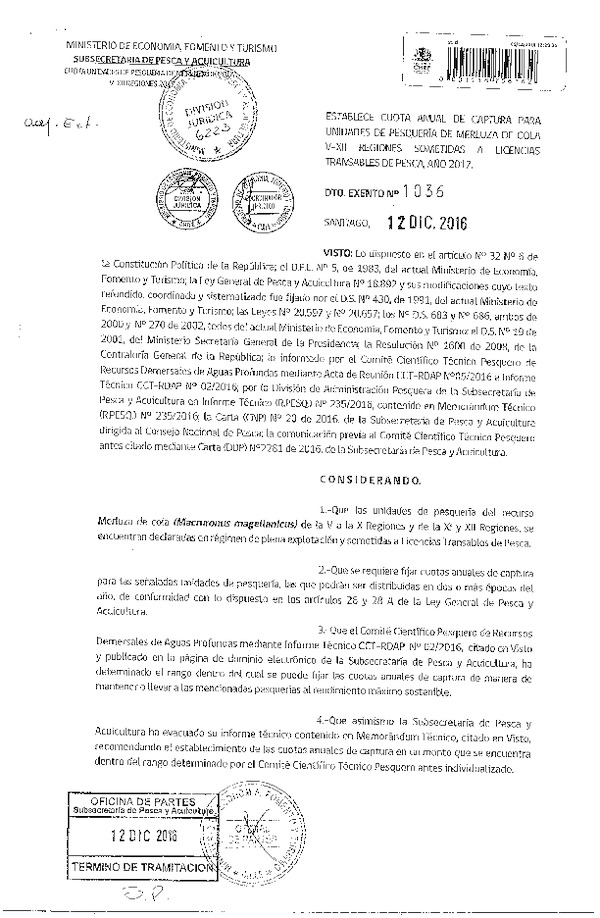 Dec. Ex. N° 1036-2016 Establece Cuota Anual de Captura Recurso Merluza de Cola V-XII Regiones, Sometidas a Licencias Transables de Pesca 2017. (Publicado en Página Web 14-12-2016)