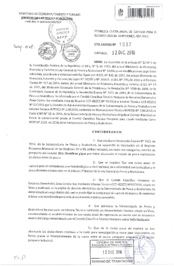 Dec. Ex. N° 1037-2016 Establece Cuota Anual de Captura para el Recursos Jibia XV-XII Regiones Año 2017. (Publicado en Página Web 14-12-2016)