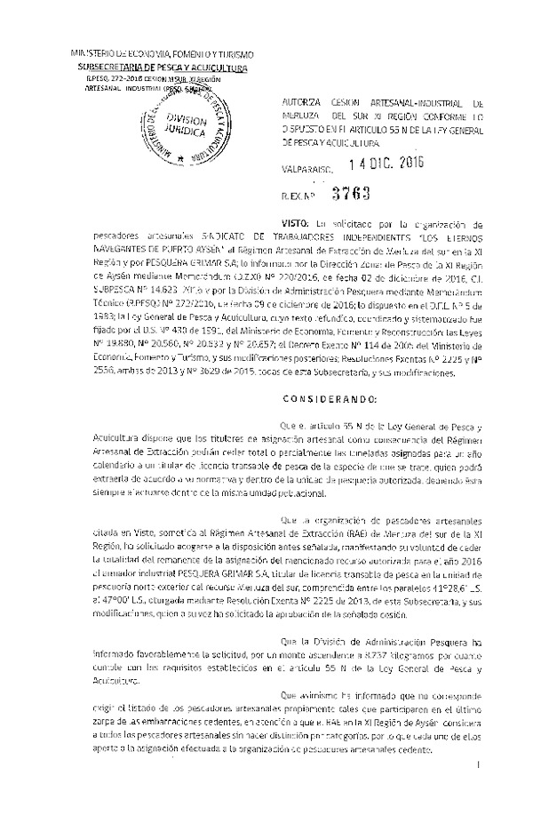 Res. Ex. N° 3763-2016 Autoriza Cesión Merluza del Sur XI Región.