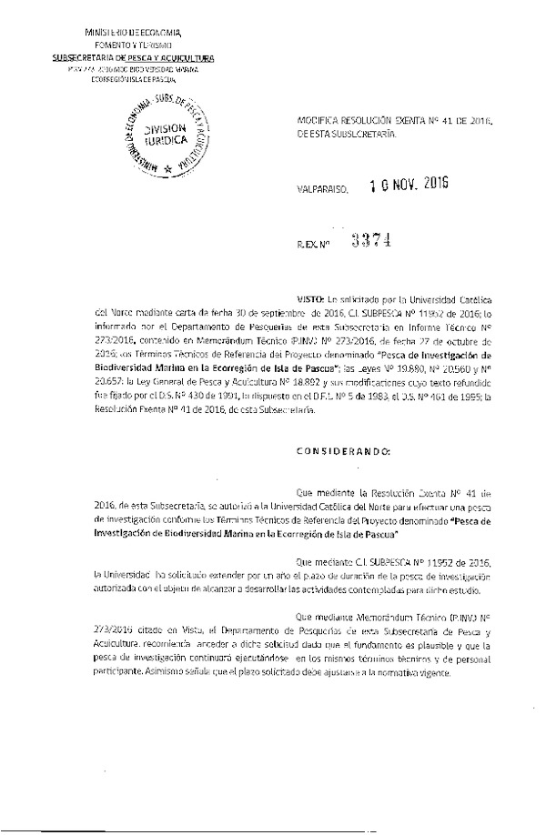 Res. Ex. N° 3374-2016 Modifica Res. Ex. N° 41-2016 Biodiversidad marina en la ecorregión de Isla de Pascual.