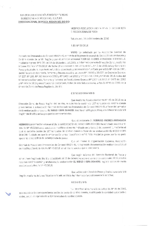 Res. Ex. N° 58-2016 Modifica Res. Ex. N° 45-2016 (DZP VIII) Autoriza Cesion Anchoveta y Sardina Común, VIII Región.