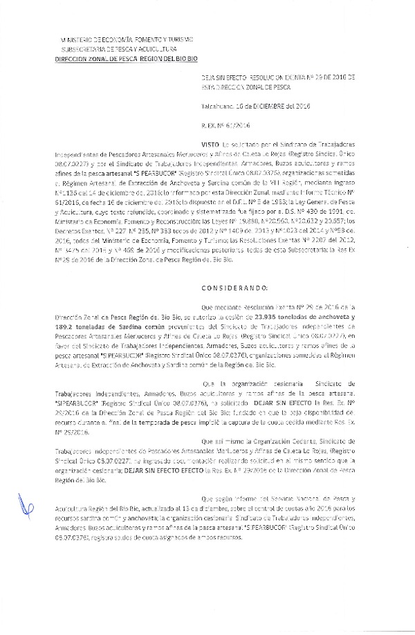 Res. Ex. N° 61-2016 Deja sin efecto Res. Ex. N° 29-2016 (DZP VIII) Autoriza Cesion Anchoveta y sardina común, VIII Región.