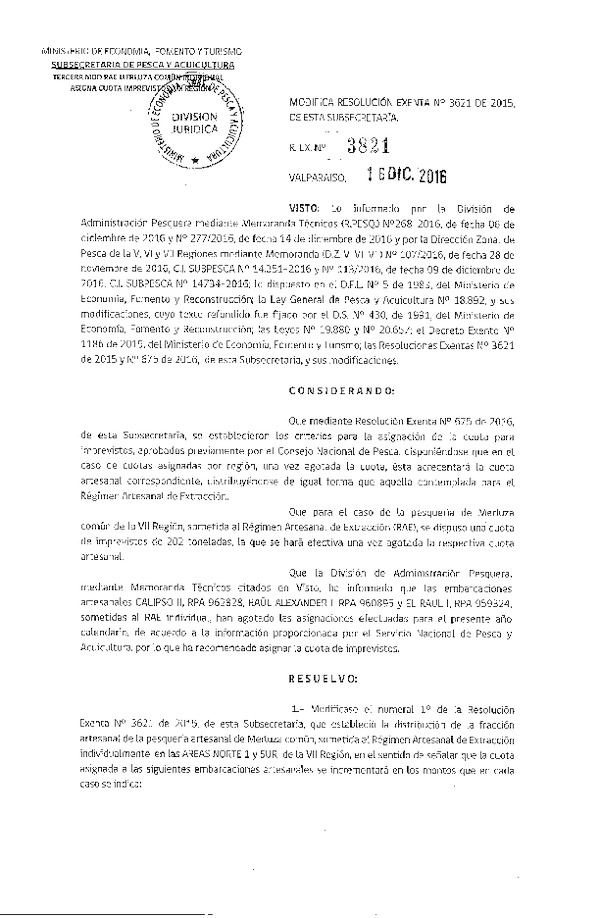 Res. Ex. N° 3821-2016 Modifica Res. Ex. N° 3621-2015 Distribución de la Fracción Artesanal de Pesquería de Merluza Común Individual, Área Sur de la VI Región y Áreas Norte 1 y Sur de la VII Región, Año 2016. (Publicado en Página Web 19-12-2016)