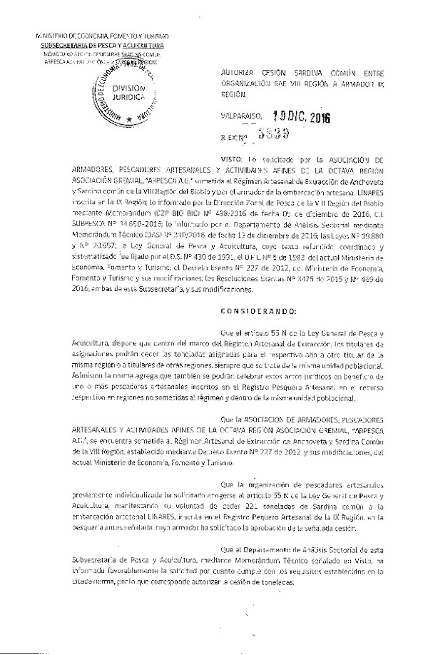 Res. Ex. N° 3839-2016 Autoriza cesión Sardina común, VIII a IX Región.