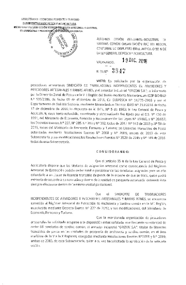 Res. Ex. N° 3847-2016 Autoriza Cesión Sardina común, VIII Región.