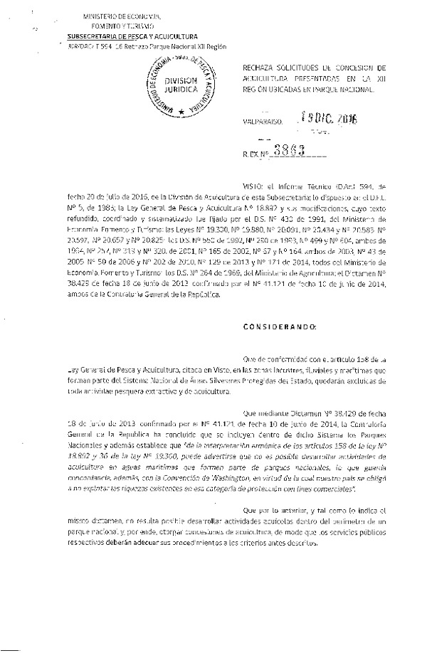 Res. Ex. N° 3863-2016 Rechaza solicitudes de concesión de acuicultura presentadas en la XII Región.