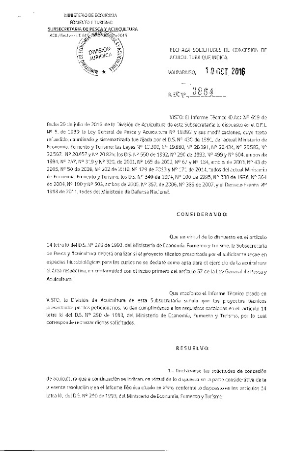 Res. Ex. N° 3864-2016 Rechaza solicitudes de concesión de acuicultura que indica.