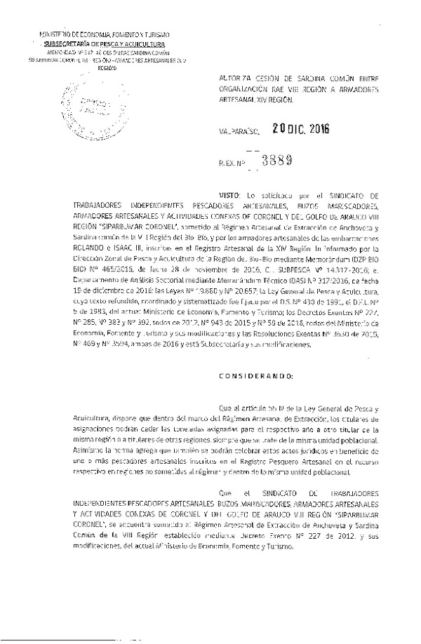 Res. Ex. N° 3889-2016 Autoriza Cesión Sardina Común, VIII a XIV Región.