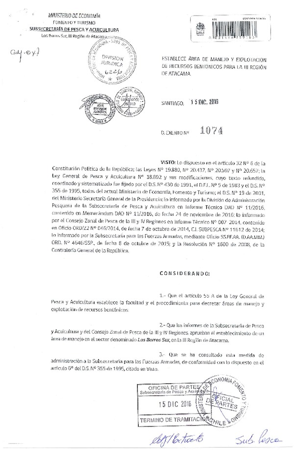 Dec. Ex. N° 1074-2016 establece Área de Manejo y Explotación de Recursos Bentónicos Los Burros, III Región. (Publicado en Página Web 21-12-2016)