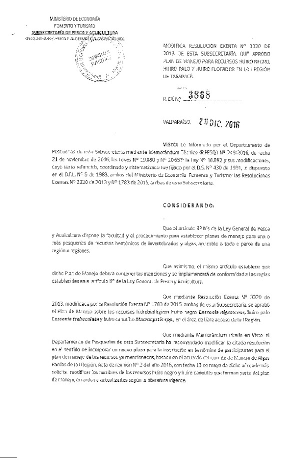 Res. Ex. Nº 3868-2016 Modifica Res. Ex. Nº 3320-2013, Plan de Manejo Algas Pardas. (Publicado en Página Web 21-12-2016)