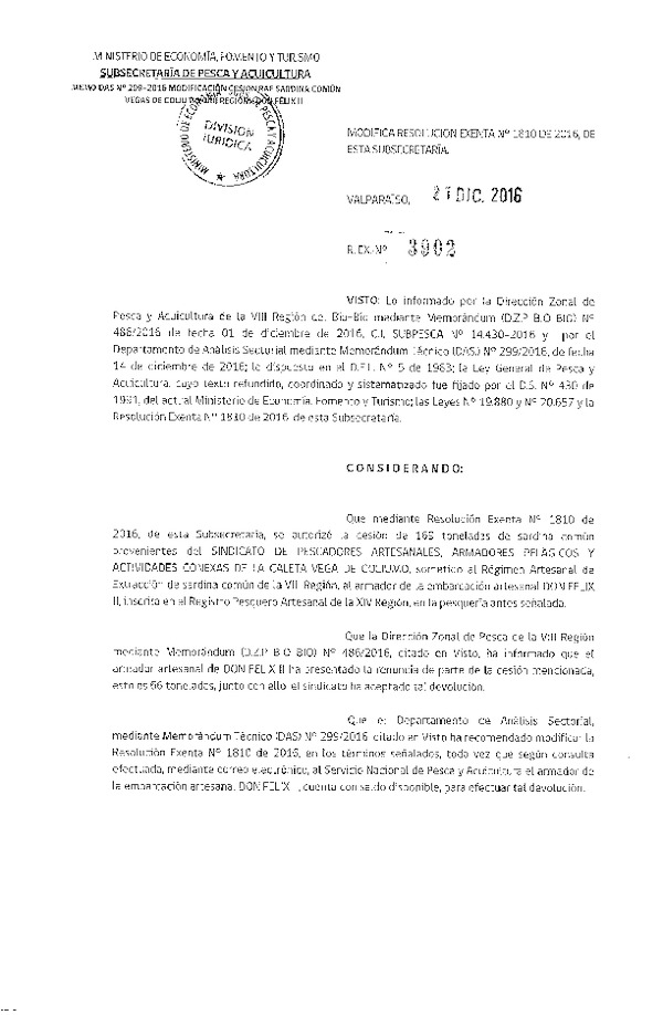 Res. Ex. N° 3902-2016 Modifica Res. Ex. N° 1810-2016 Autoriza Cesión Sardina común VIII a XIV Región.