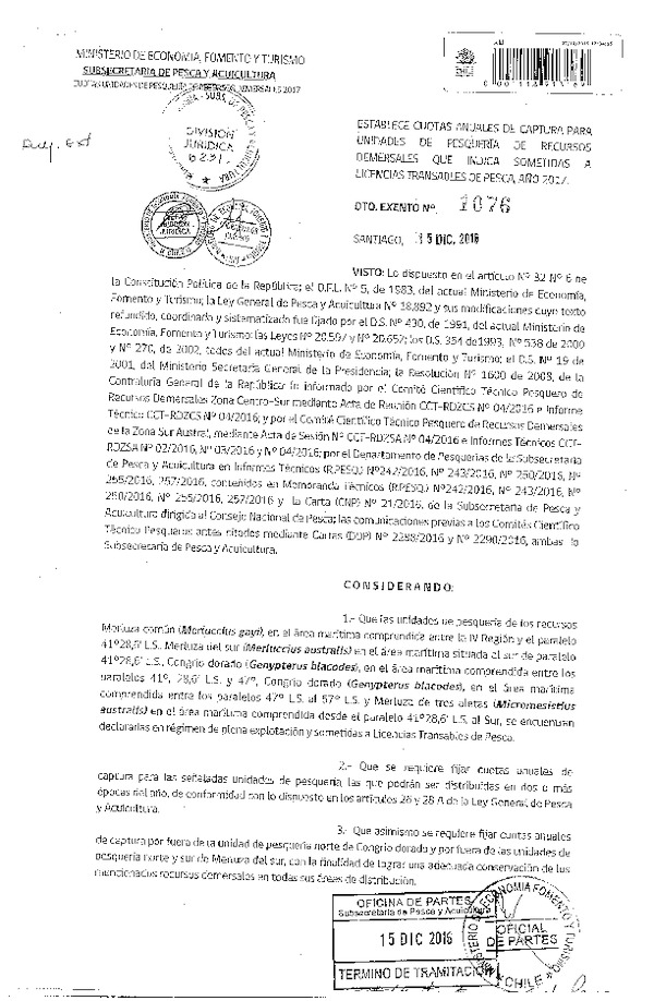 Dec. Ex. N° 1076-2016 Establece Cuotas Anuales de Captura Unidades de Pesquería de Recursos Demersales que Indica, IV-XII Regiones, Sometidas a LTP, Año 2017. (Publicado en Página Web 22-12-2016)