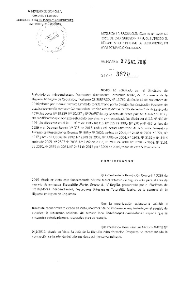 Res. Ex. N° 3870-2016 Modifica Res. Ex. N° 3299-2015 13° SEGUIMIENTO.