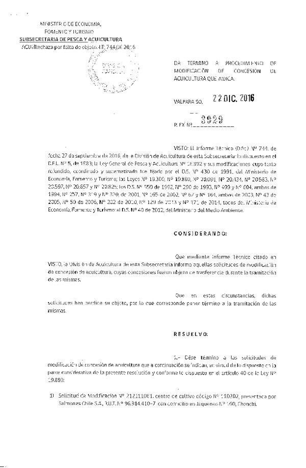 Res. Ex. N° 3929-2016 Da termino a procedimiento de modificación de concesión de acuicultura que indica.