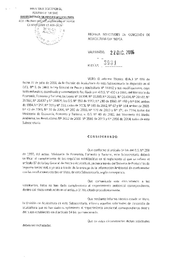 Res. Ex. N° 3931-2016 Rechaza solicitudes de concesión de acuicultura que indica.