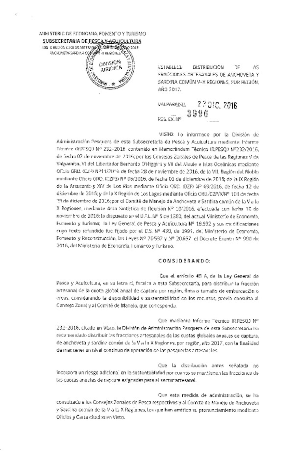 Res. Ex. N° 3996-2016 Establece Distribución de las Fracciones Artesanales de Anchoveta y Sardina Común V-X Regiones, por Región, Año 2017. (Publicado en Página Web 23-12-2016)