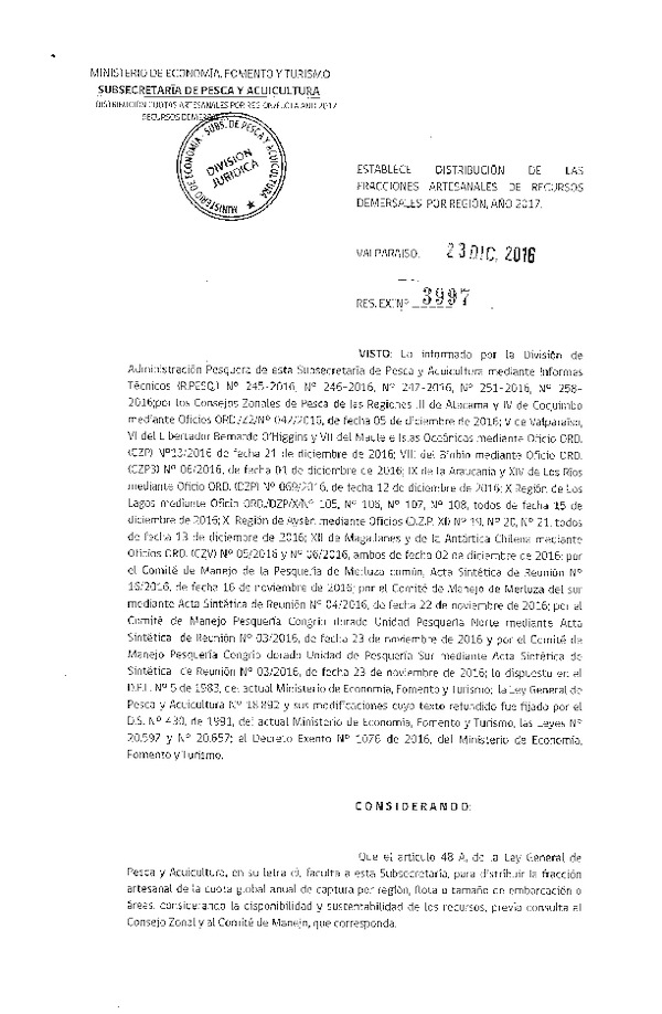 Res. Ex. N° 3997-2016 Establece Distribución de las Fracciones Artesanales de las Cuotas Anuales de Captura por Región de Recursos Demersales IV-X Regiones, Año 2017. (Publicado en Página Web 23-12-2016)