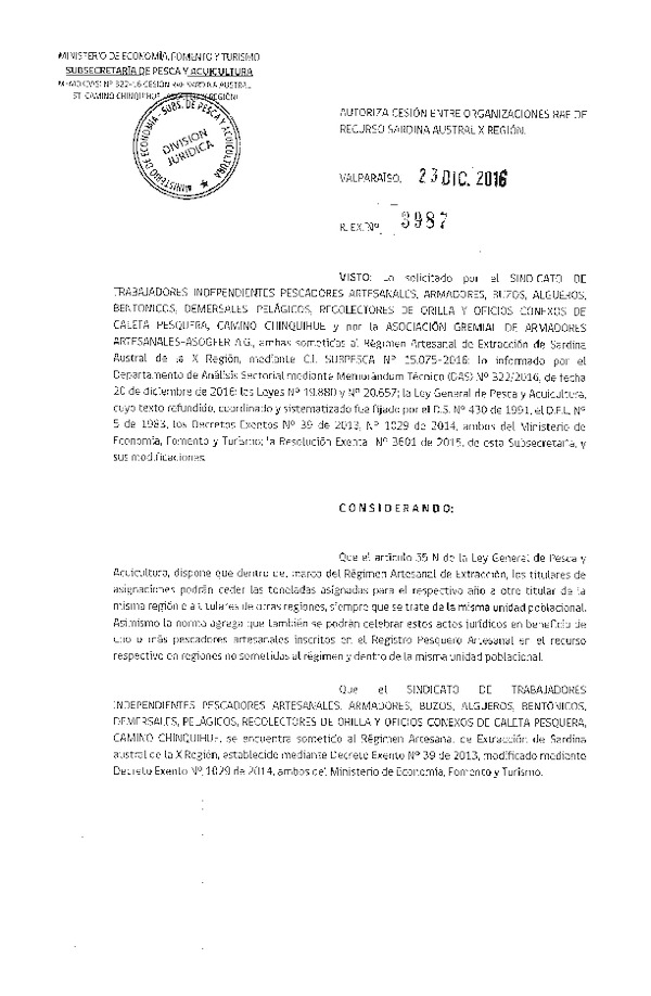 Res. Ex. N° 3987-2016 Autoriza cesión Sardina austral, X Región.