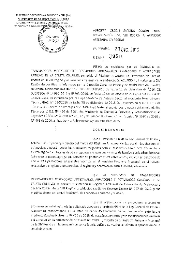 Res. Ex. N° 3990-2016 Autoriza Cesión Sardina Común, VIII a XIV Región.