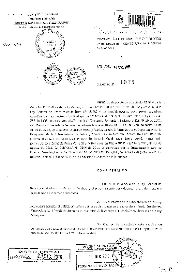 Dec. Ex. N° 1075-2016 Establece Área de Manejo y Explotación de Recursos Bentónicos Los Burros Sur, III Región. (Publicado en Página Web 21-12-2016) (F.D.O. 23-12-2016)