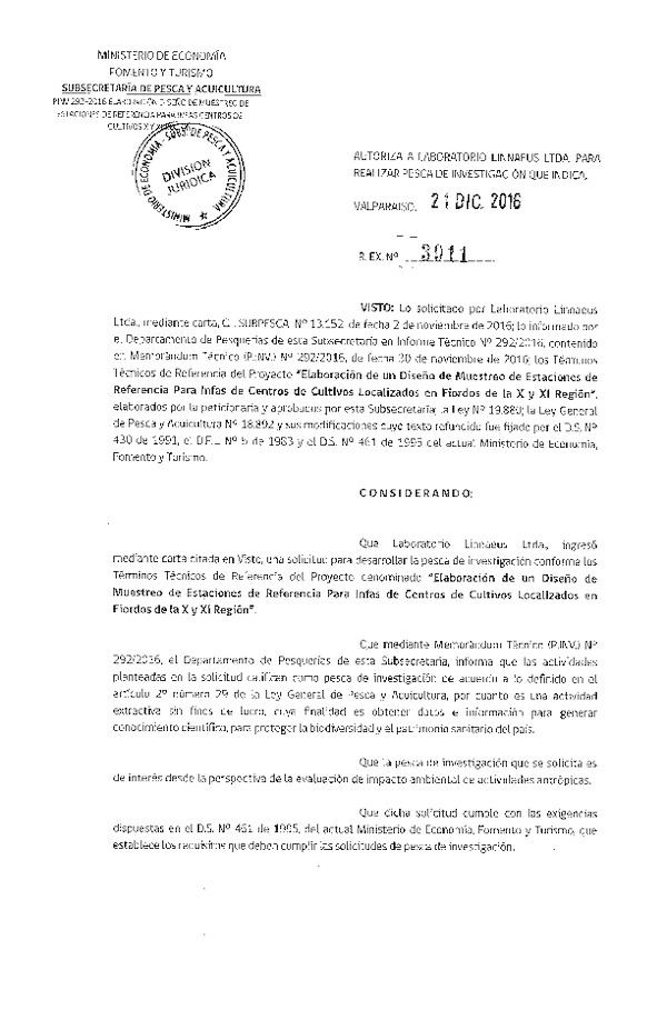 Res. Ex. N° 3911-2016 Elaboración de diseño muestreo estaciones para infas centros de cultivo X-Xi Región.