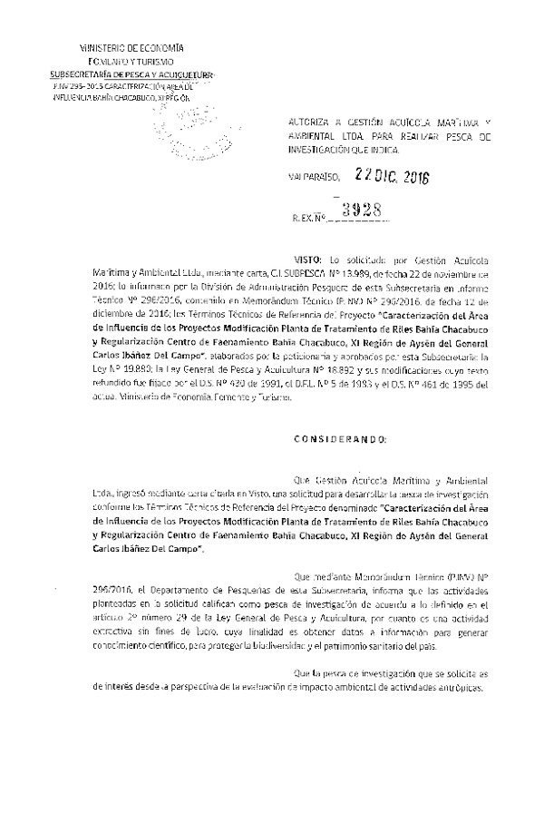 Res. Ex. N° 3928-2016 Caracterización área de influencia proyectos modificación planta de tratamiento de riles, bagía Chacabuco, XI Región.