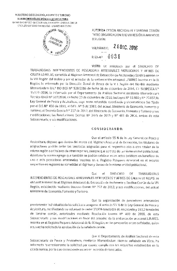 Res. Ex. N° 4031-2016 Autoriza Cesión Anchoveta y Sardina común, VIII a IX Región.