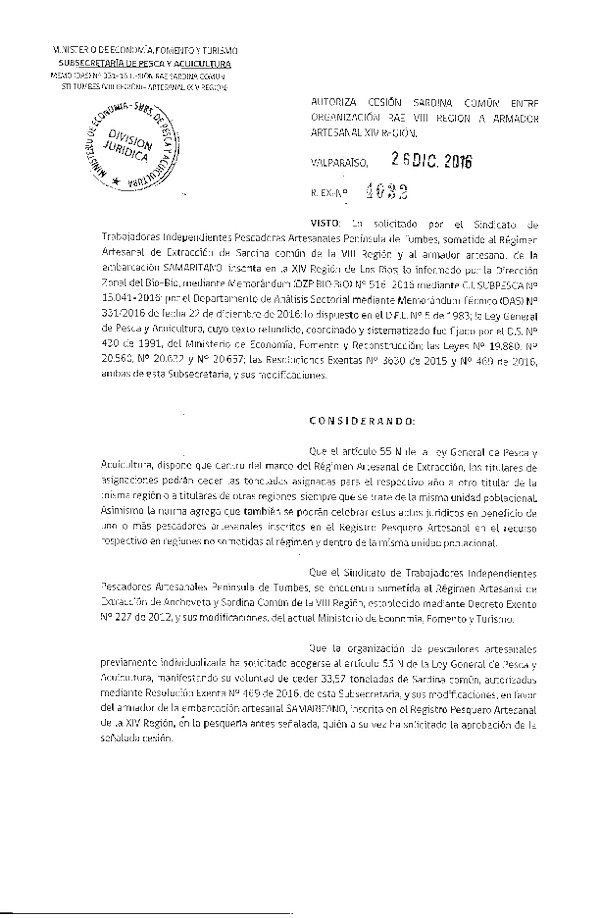 Res. Ex. N° 4032-2016 Autoriza Cesión Sardina común, VIII a XIV Región.