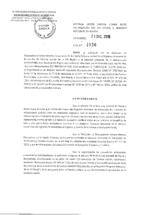 Res. Ex. N° 4036-2016 Autoriza Cesión Sardina común, VIII a XIV Región.