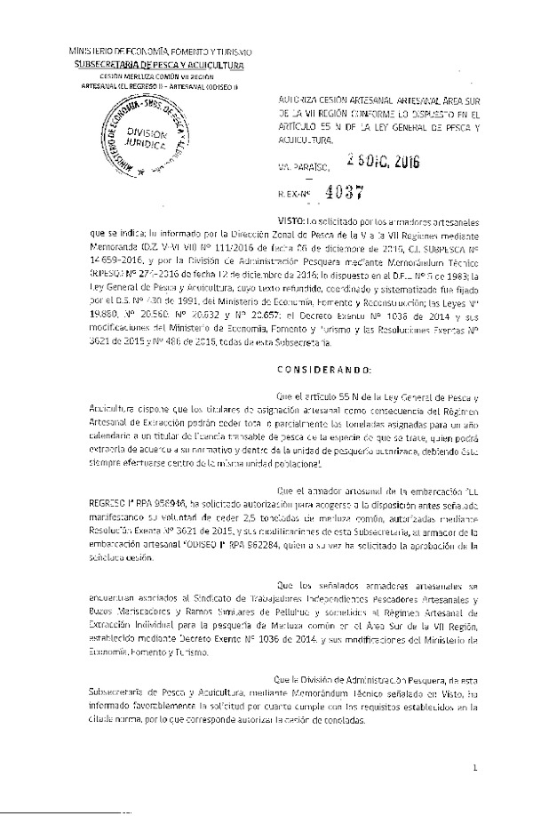 Res. Ex. N° 4037-2016 Autoriza Cesión Merluza común, VII Región.